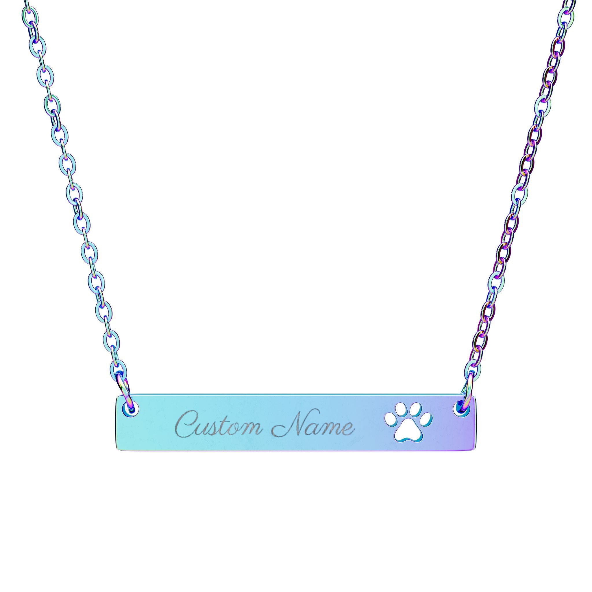 Personalized pet necklace flat lay on white surface showing rainbow PVD coating