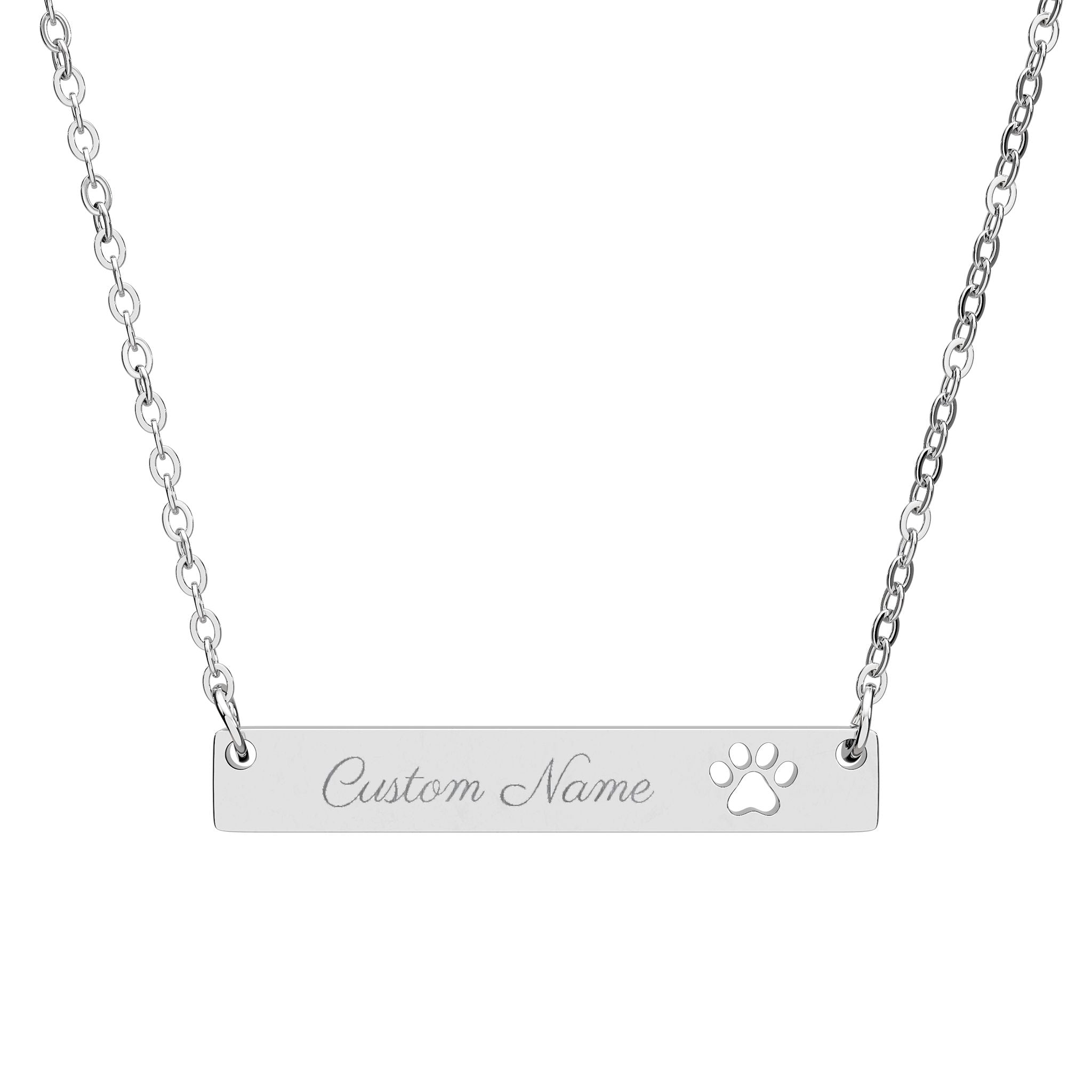 Personalized pet necklace flat lay on white surface showing stainless steel  coating