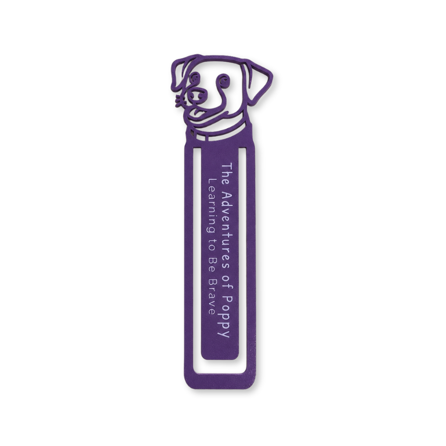 Purple bookmark with a dog illustration and text on a white background