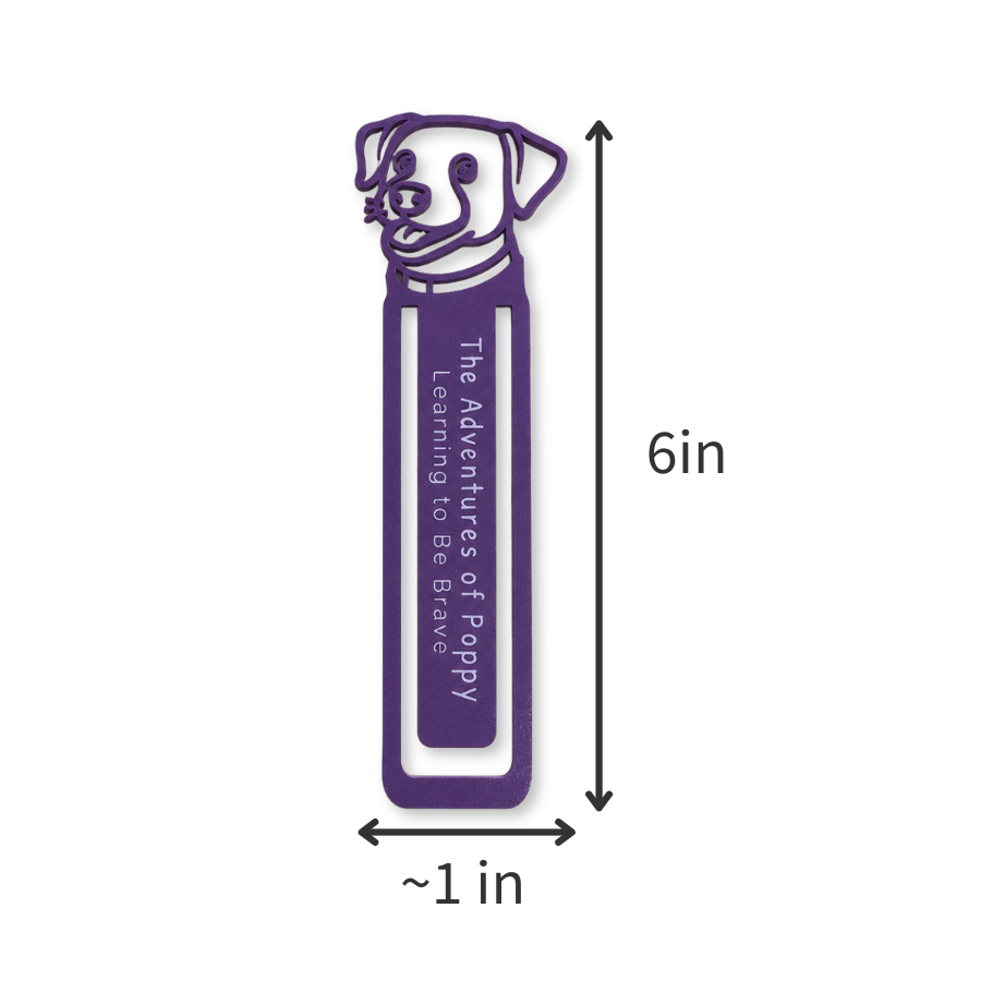 Purple bookmark with dog illustration and text, shown with dimensions on a white background