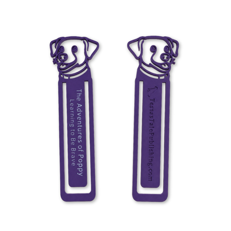 Two purple bookmarks shaped like a dog with text on a white background