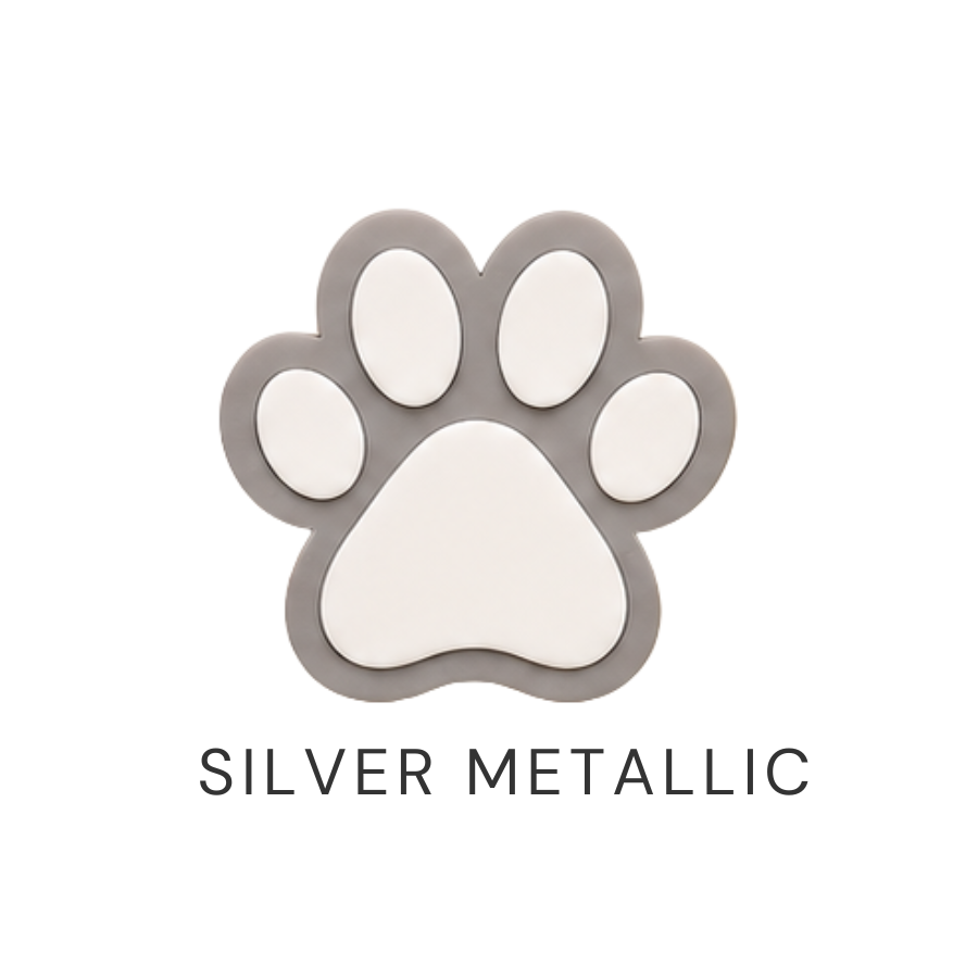 Metallic silver paw print design on a white background with 'SILVER METALLIC' text.