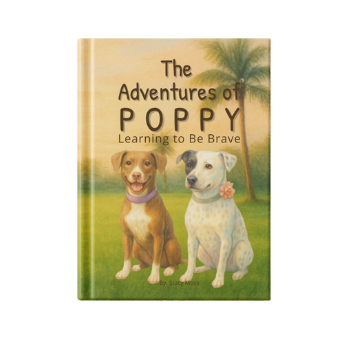 Book cover titled 'The Adventures of Poppy: Learning to Be Brave' with two dogs on a grassy background.