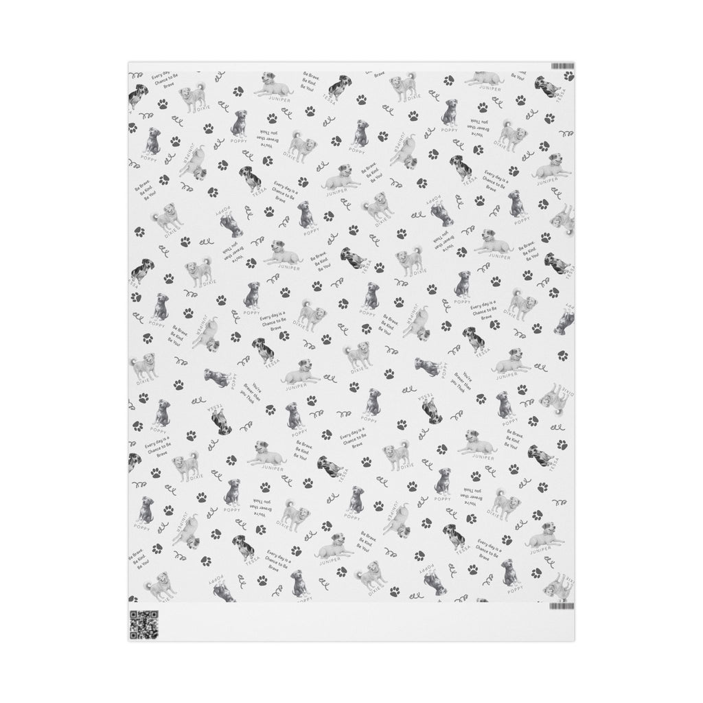 The Adventures of Poppy neutral holiday wrapping paper showing Poppy and Tessa dog character pattern