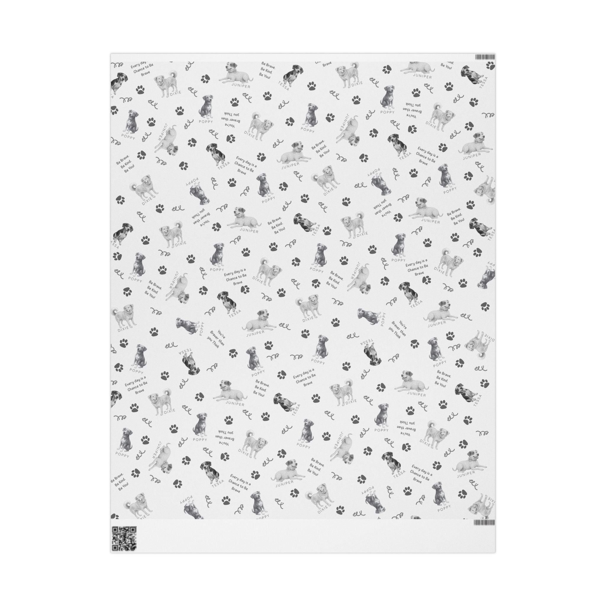 The Adventures of Poppy neutral holiday wrapping paper showing Poppy and Tessa dog character pattern