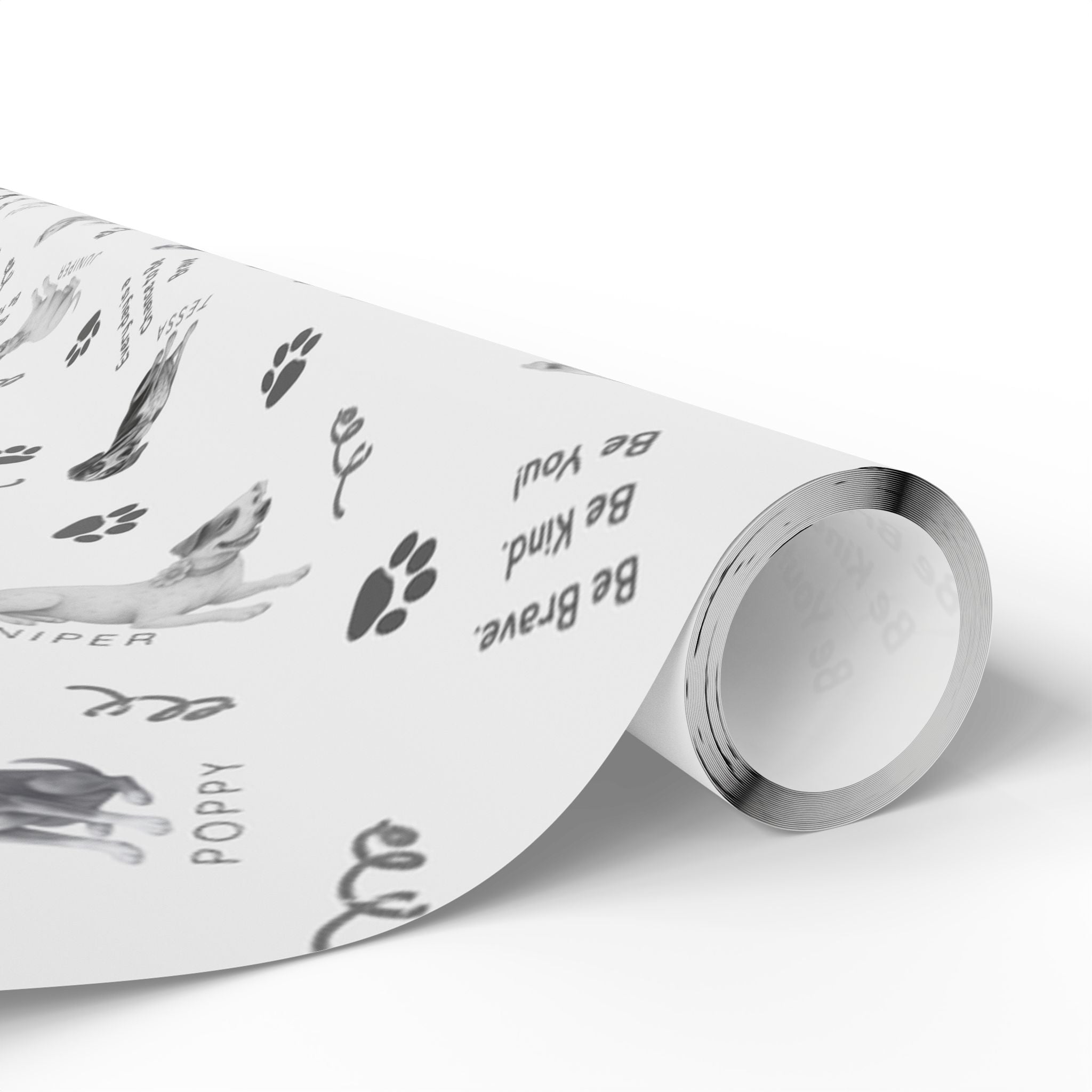 The Adventures of Poppy neutral holiday wrapping paper roll showing Poppy and Tessa dog character pattern