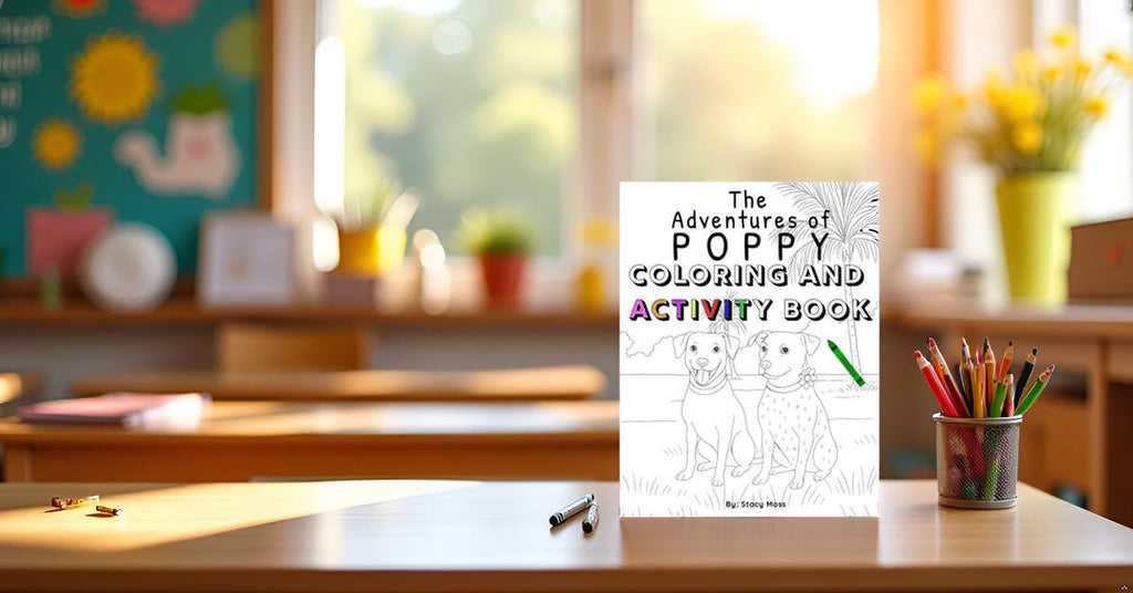 The Adventures of Poppy coloring and activity book sitting on a desk with a classroom in the background