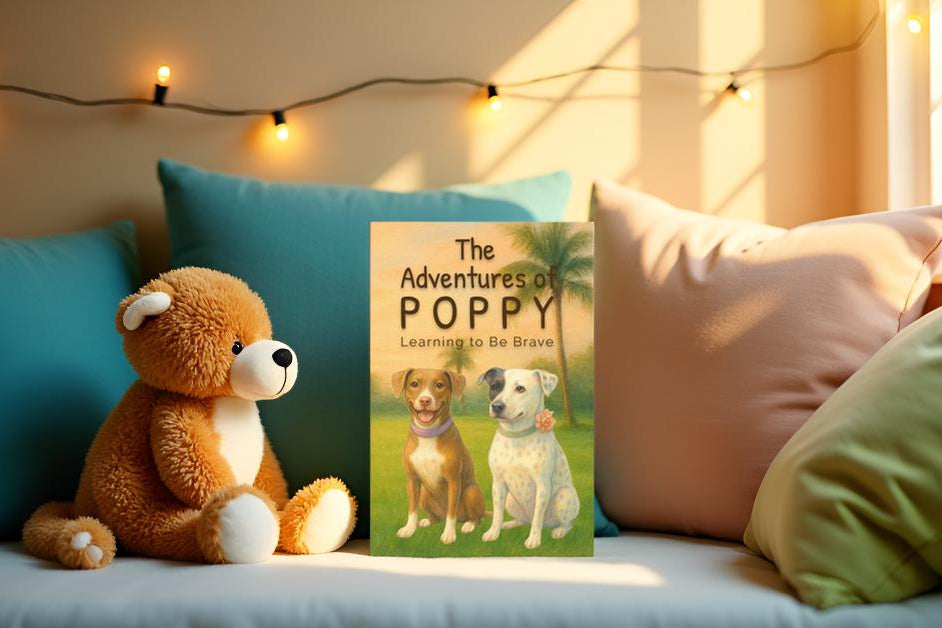 The Adventures of Poppy on a couch with pillows and a teddy bear