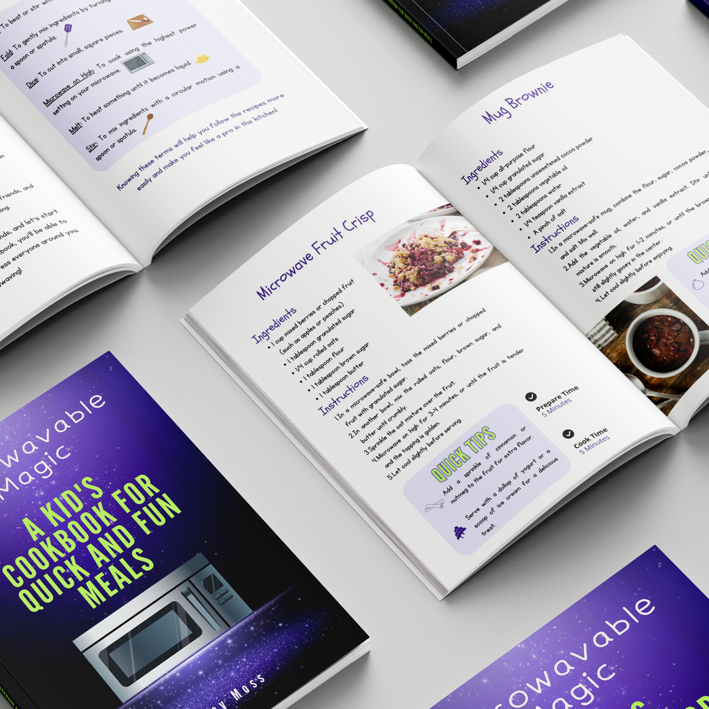 Open Microwaveable Magic cookbook showing recipe pages with photos and instructions